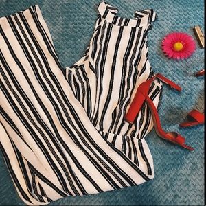 Black and White striped full length jumpsuit